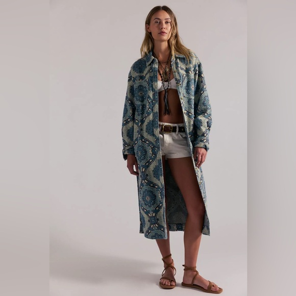 Free People Jackets & Blazers - Free people We The Free Brick Lane Jacquard Maxi Shirt Jacket blue